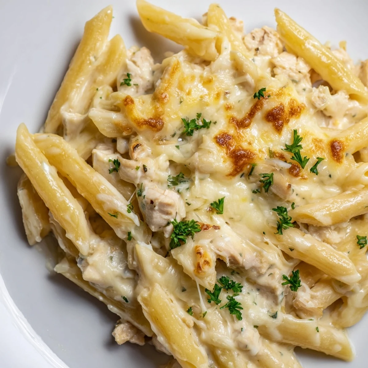 Baked Chicken Alfredo Casserole, a comforting Italian-American family favorite dish, steaming hot.
