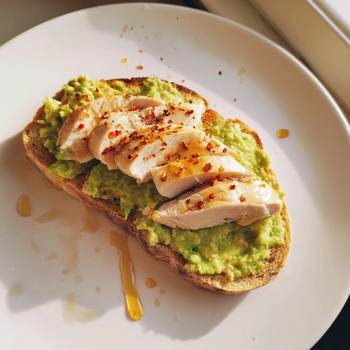 Creamy smashed avocado blankets toast under sliced grilled chicken, a delicious Smashed Avocado Chicken Toast.