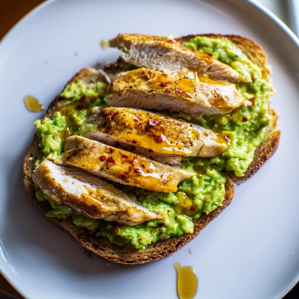 Golden-brown Smashed Avocado Chicken Toast features grilled chicken, chili flakes, and a honey drizzle for a delightful brunch.