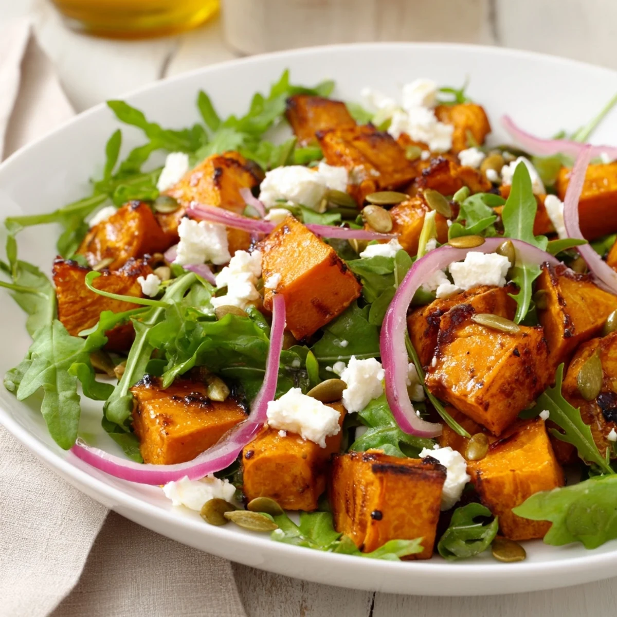 Golden roasted sweet potato salad with arugula, feta, and a tangy honey-lime dressing.