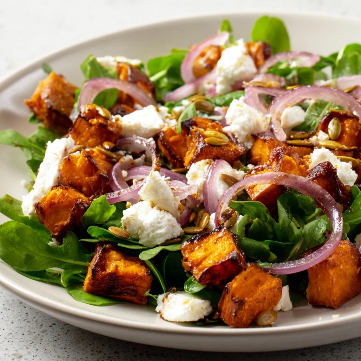 Freshly tossed roasted sweet potato salad, a vibrant vegetarian side dish with toasted pumpkin seeds.