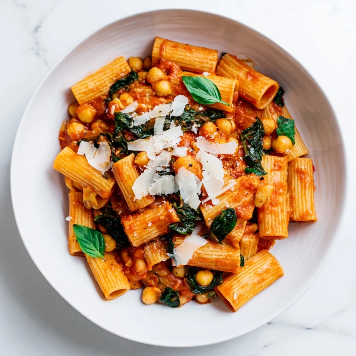 Creamy Tuscan Chickpea Pasta glistening with a rich tomato sauce and fresh spinach, ready to serve.