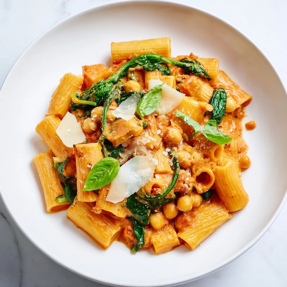 A close-up of piping hot Creamy Tuscan Chickpea Pasta, showcasing the creamy texture and vibrant flavors.