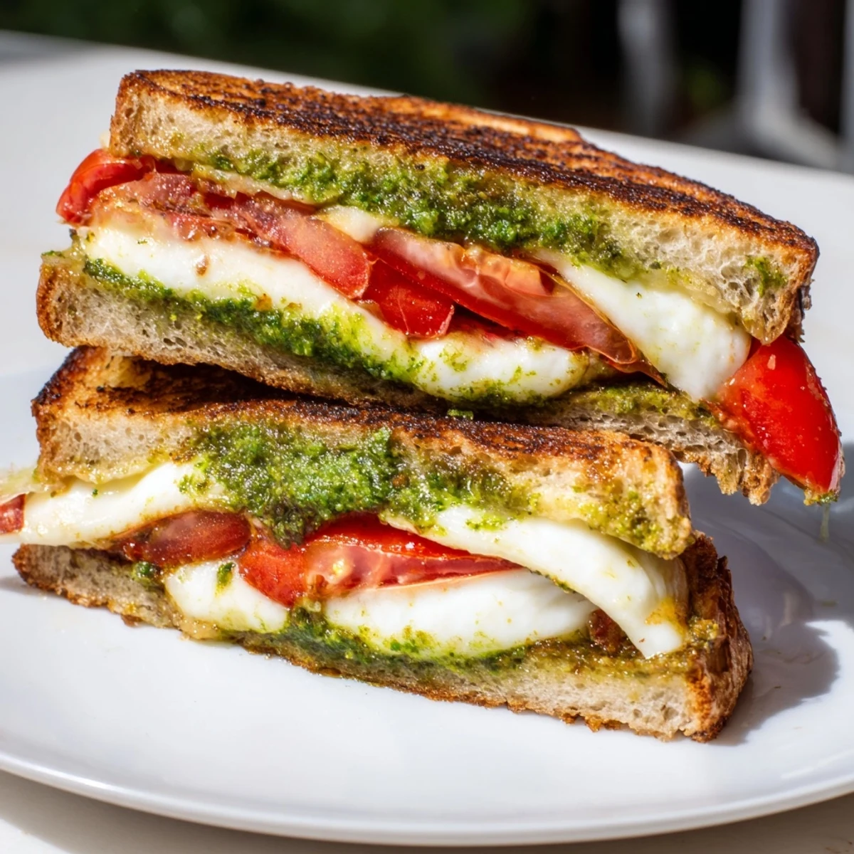 Golden sourdough surrounds a mouthwatering Caprese pesto grilled cheese; a vegetarian delight.