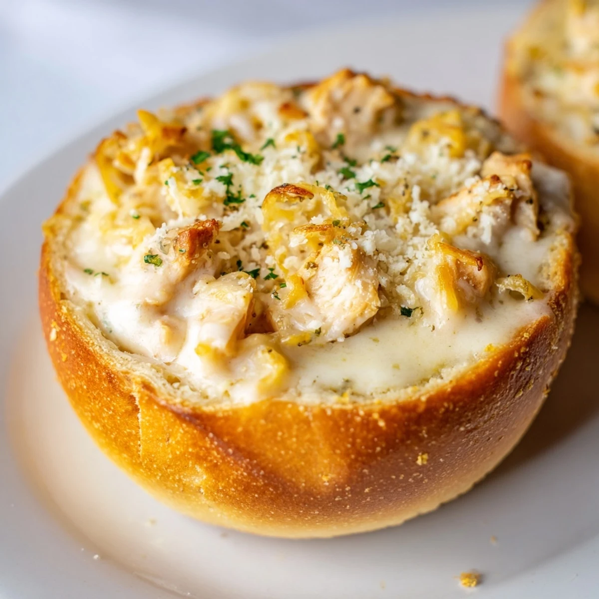 A golden bread bowl overflowing with creamy chicken Alfredo, a comforting Italian-American classic.