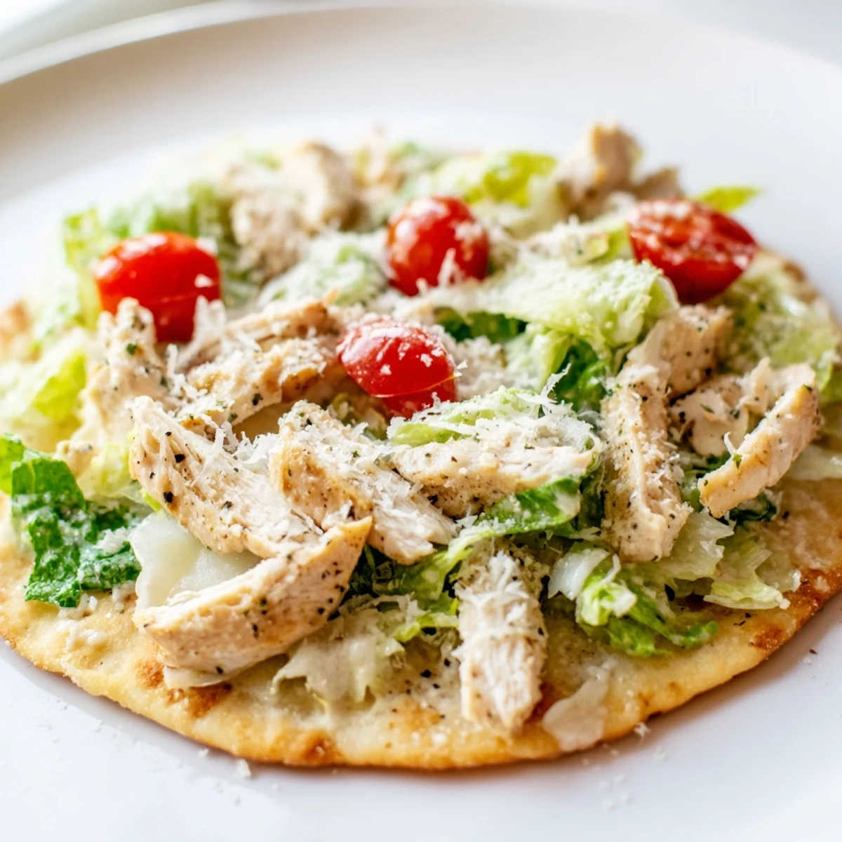 Golden, crispy Chicken Caesar Flatbread, piled high with grilled chicken, fresh romaine and parmesan.