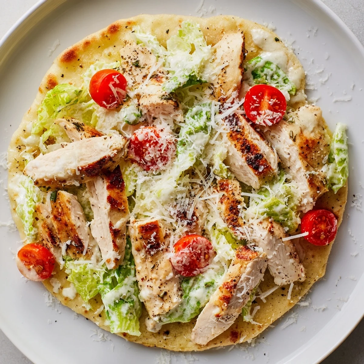 A close-up of a delicious Chicken Caesar Flatbread, perfect for sharing as a tasty appetizer.