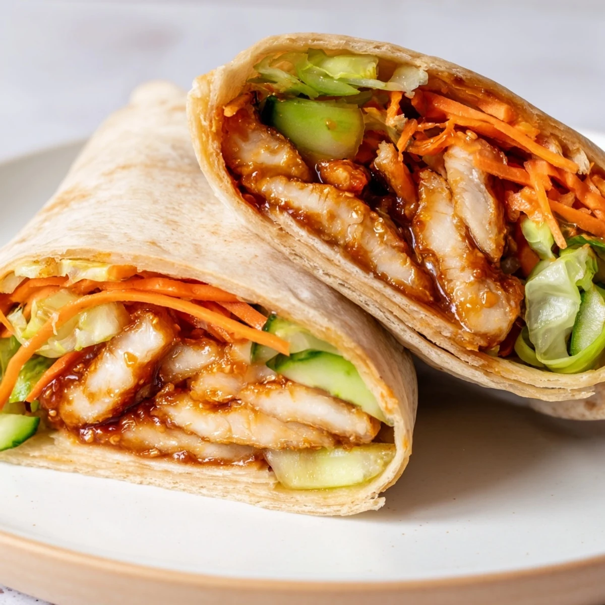 Juicy Honey Chili Crunch Chicken Wraps, filled with crisp veggies, are ready to eat.