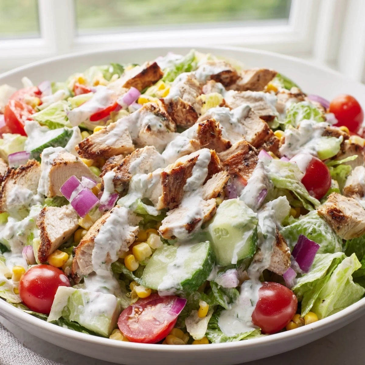 Close-up of Ranch Chicken Chopped Salad, showcasing a light Greek yogurt dressing and fresh herbs.