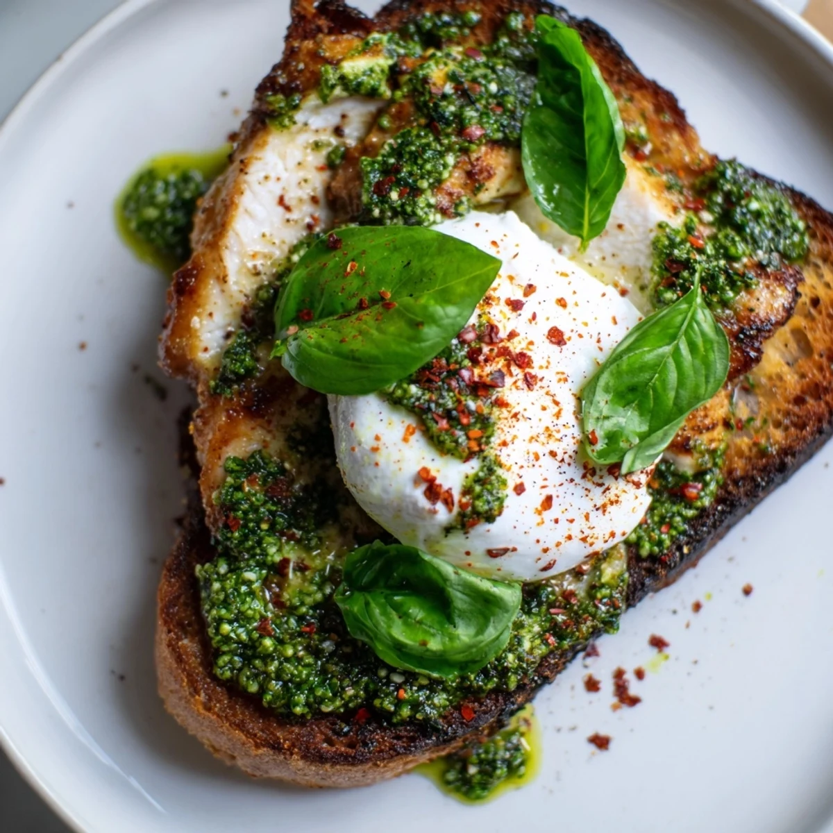 Crusty sourdough supporting flavorful pesto chicken and melting burrata, a simple recipe for the toast.