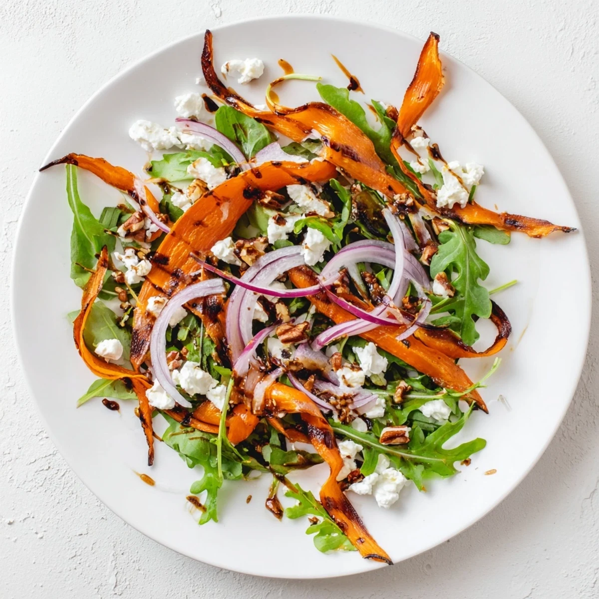 Tender roasted carrot ribbons salad with honey mustard vinaigrette and crumbled feta cheese.