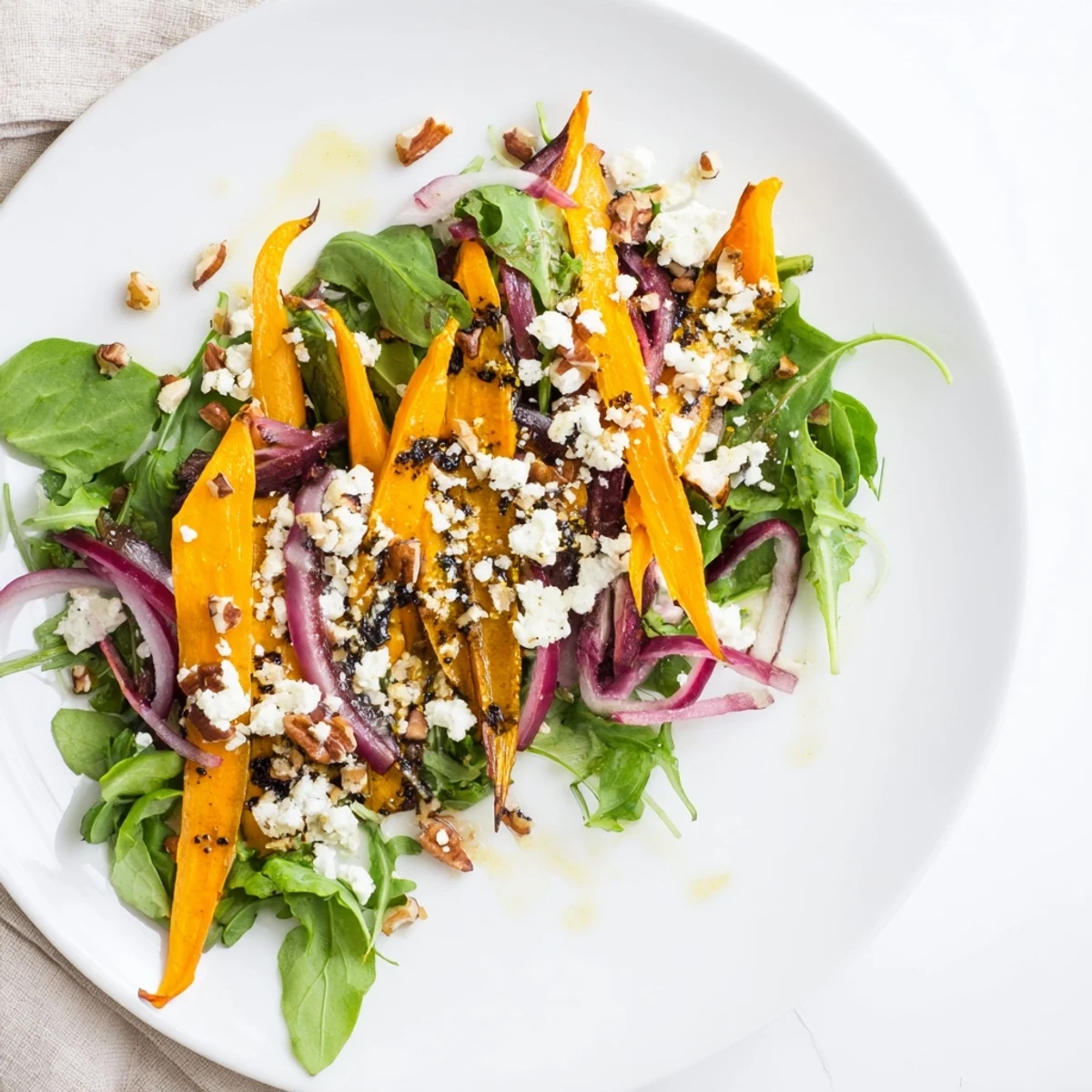 Close-up of vibrant Roasted Carrot Ribbon Salad, showing caramelized carrots and fresh greens.