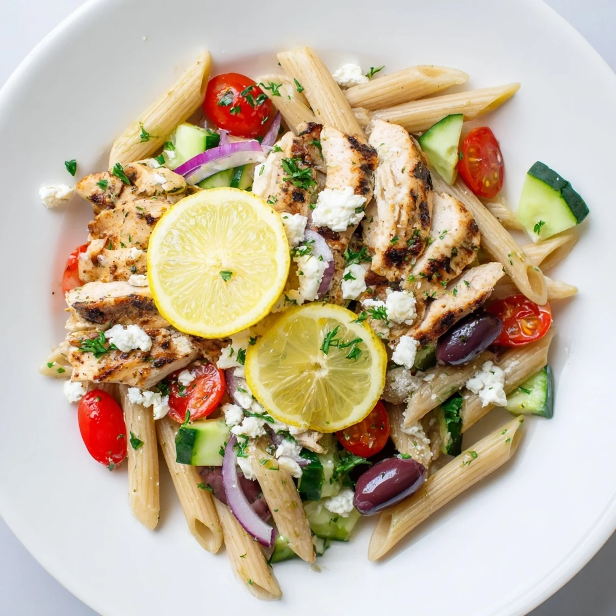This Greek Chicken Pasta Bowl features tender chicken, olives, and feta, beautifully arranged for a vibrant dish.