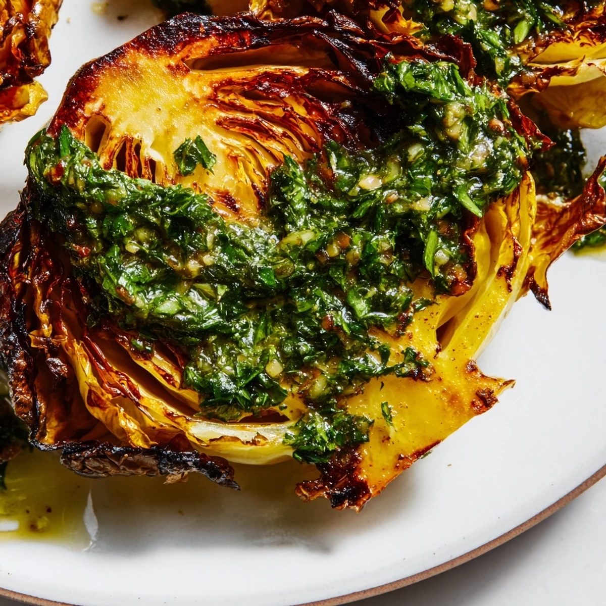 Cabbage Steaks mit knusprigen Rändern und leuchtend grüner Jalapeño Chimichurri zum Drüberträufeln.