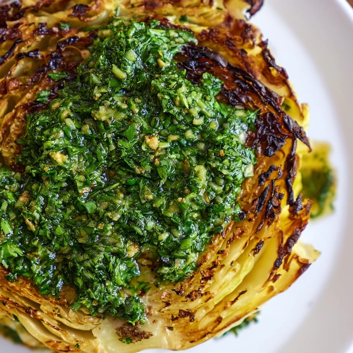 Genussreifer Teller mit Cabbage Steaks und würziger Jalapeño Chimichurri, bereit zum Servieren.