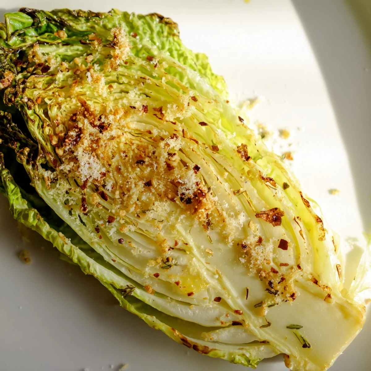 Geröstete Knoblauch-Parmesan-Kohlviertel mit knusprigen, karamellisierten Rändern und würziger Parmesan-Kruste auf einem Ofenblech.  