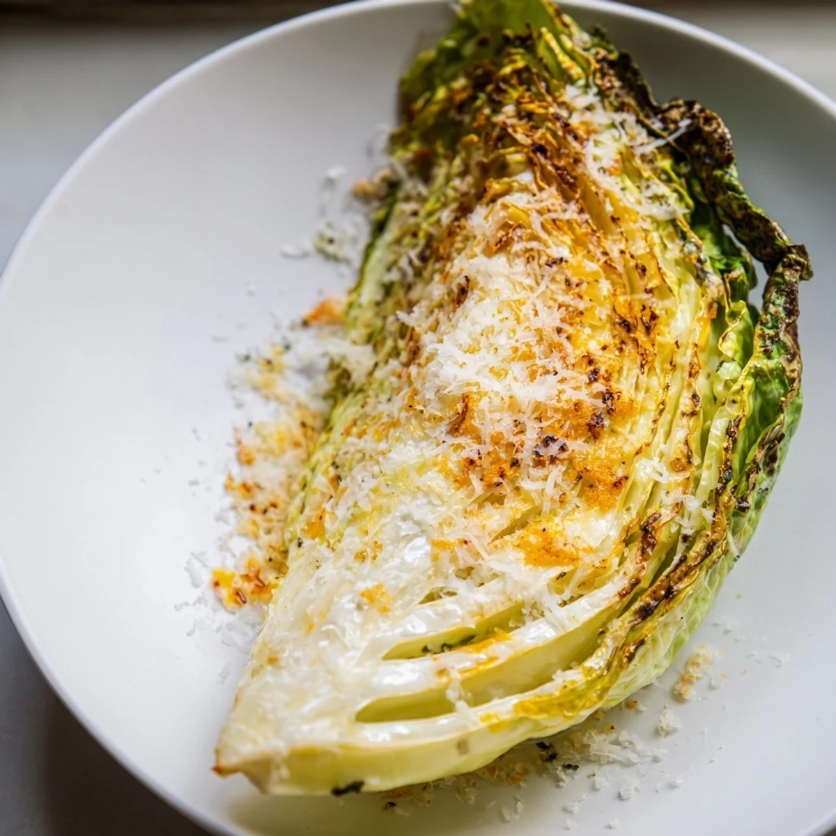 Tender roasted garlic parmesan cabbage wedges with garlic oil, herbs, and melted cheese on a serving platter.