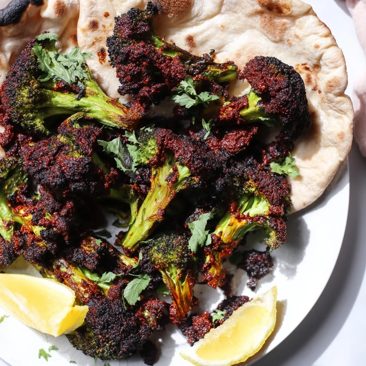 Charred roasted broccoli florets tossed in spicy harissa sauce, served warm on soft flatbreads for a vibrant, easy vegetarian dinner.