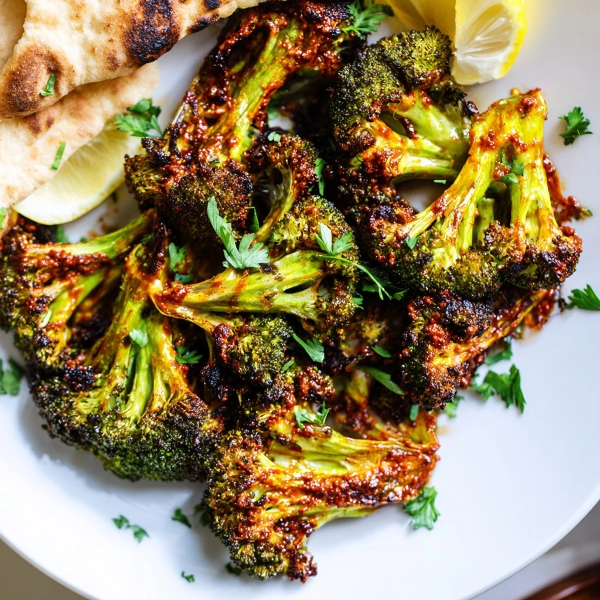 A close-up view of harissa broccoli piled high on flatbreads, garnished with fresh cilantro and dollops of creamy Greek yogurt.