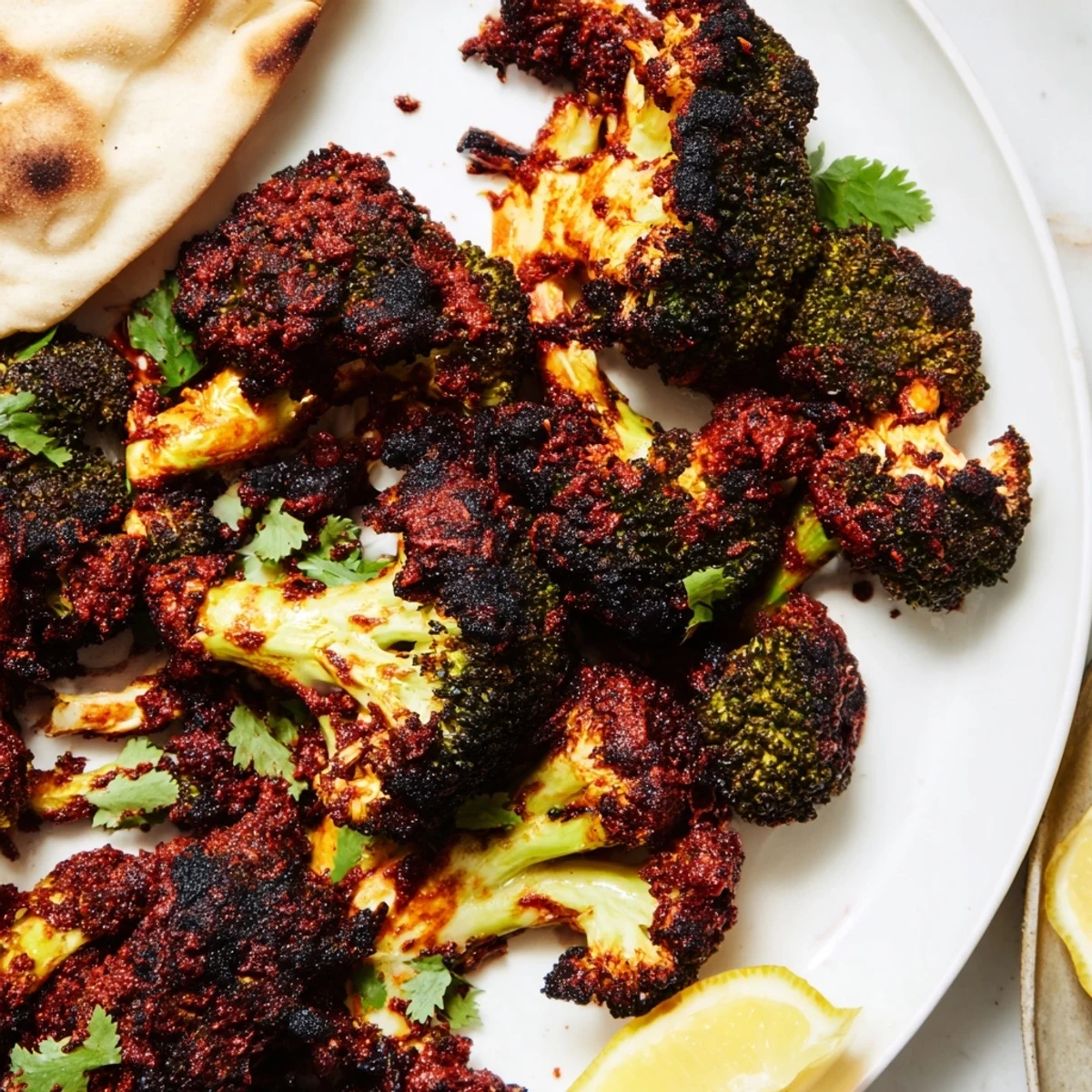 Sizzling roasted broccoli with crispy edges sits atop warm flatbreads, ready to be squeezed with fresh lemon wedges.