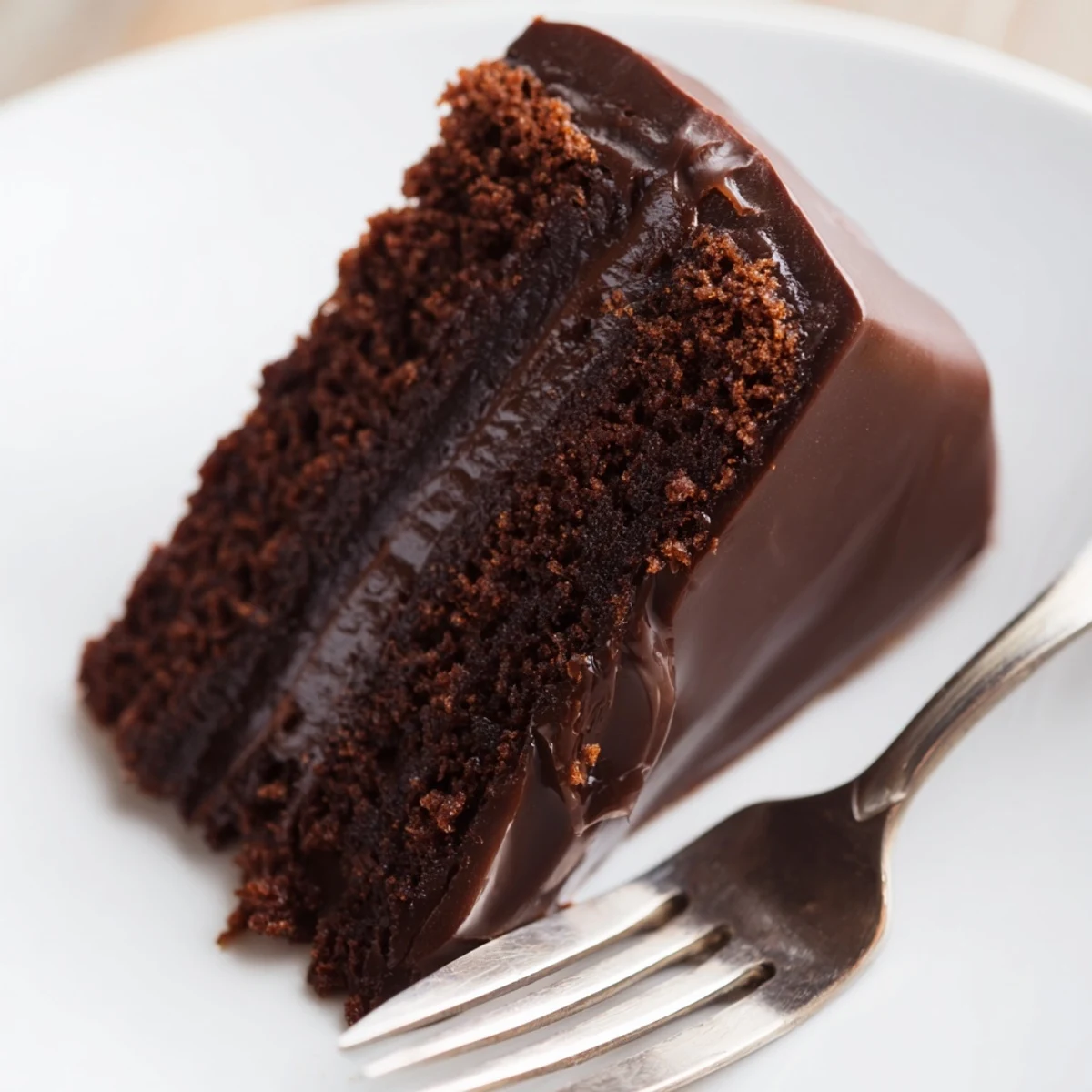 Easy Chocolate Fudge Cake layered with glossy chocolate icing and a dollop of whipped cream.  