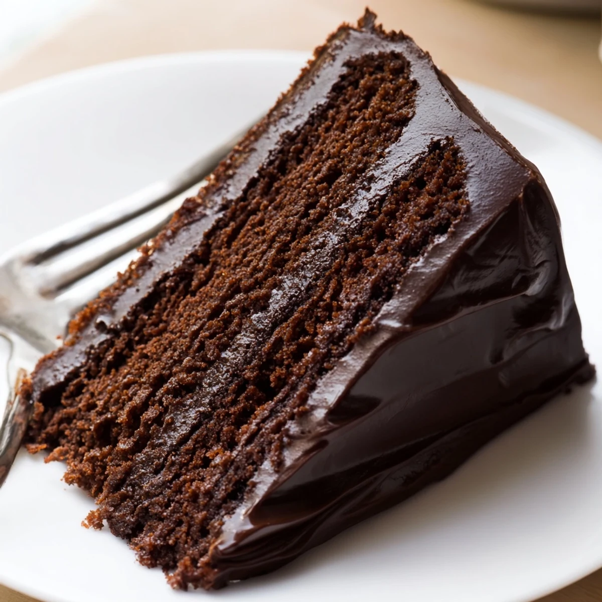 Rich slice of Easy Chocolate Fudge Cake with silky icing and fresh raspberries on a vintage plate.  