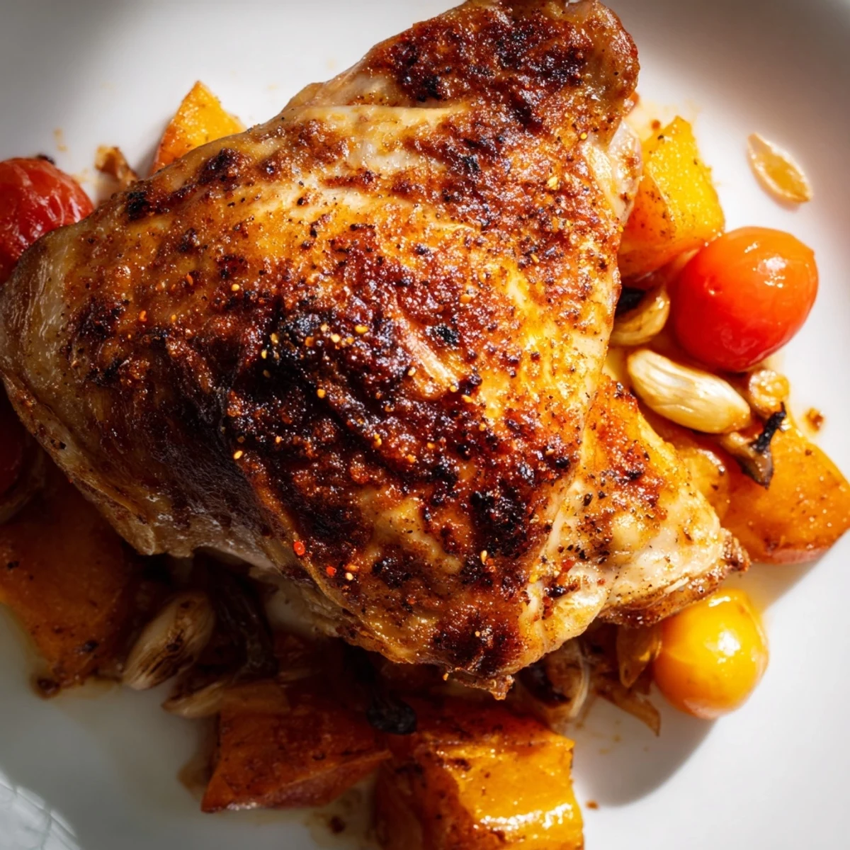 Ein aromatisches, glutenfreies Chicken and Sweet Potato Traybake, serviert mit frischem Koriander und süßen Süßkartoffeln.