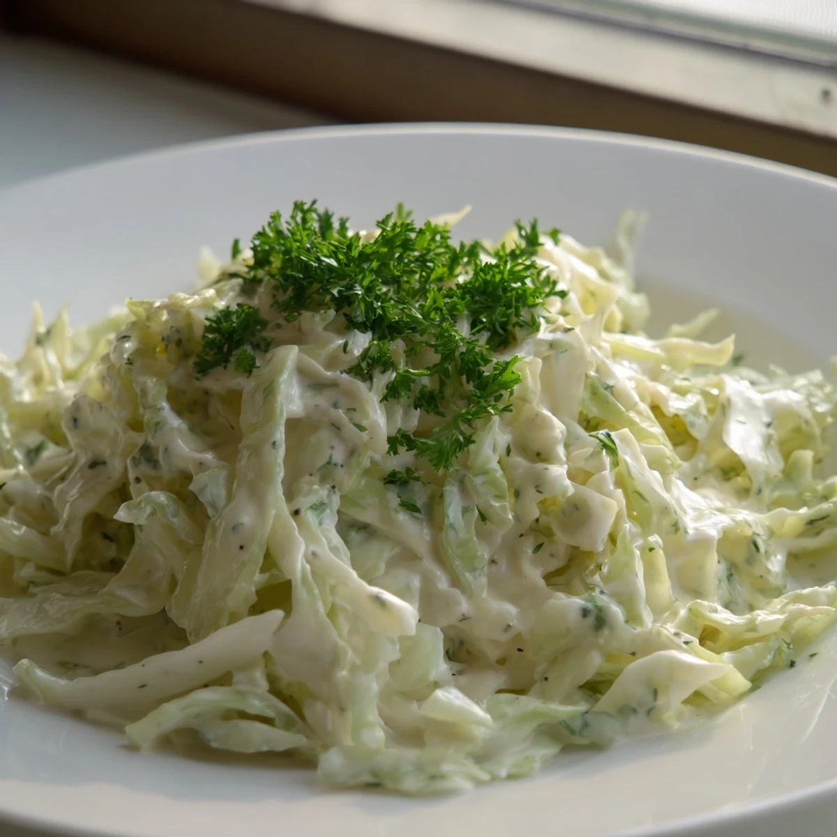 Creamed cabbage with silky, tender leaves in a light, creamy sauce served as a warm side dish