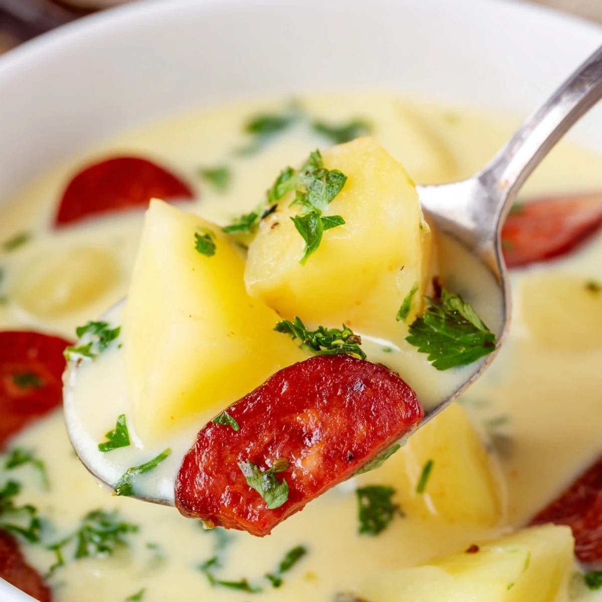 Würziges Potato, Leek and Chorizo Soup mit cremigen Kartoffeln und frischem Leek, serviert in einer Schale.