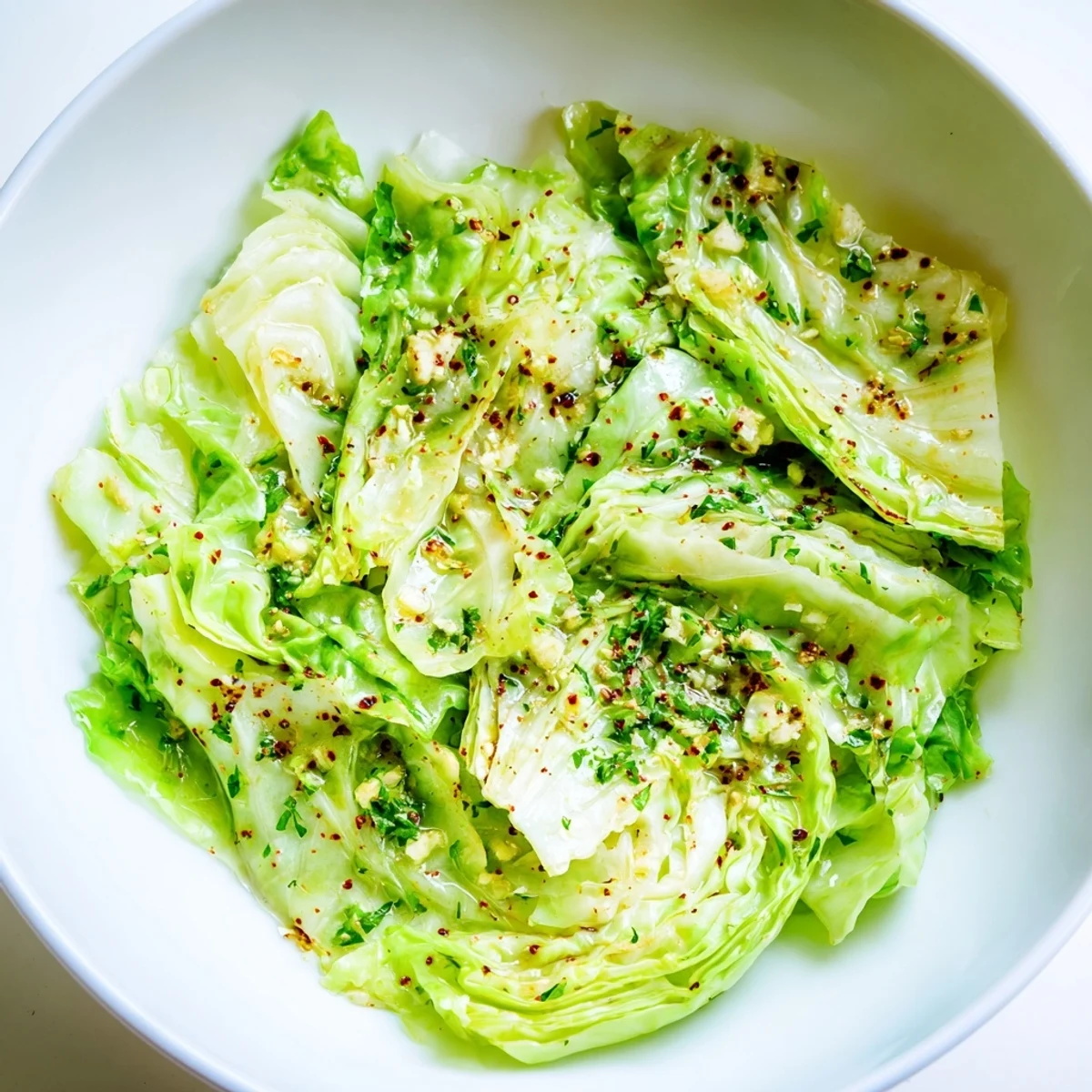 Sautéed Cabbage With Garlic and Mediterranean Spices, tender-crisp and golden-edged in a skillet with sautéed onions and herbs.