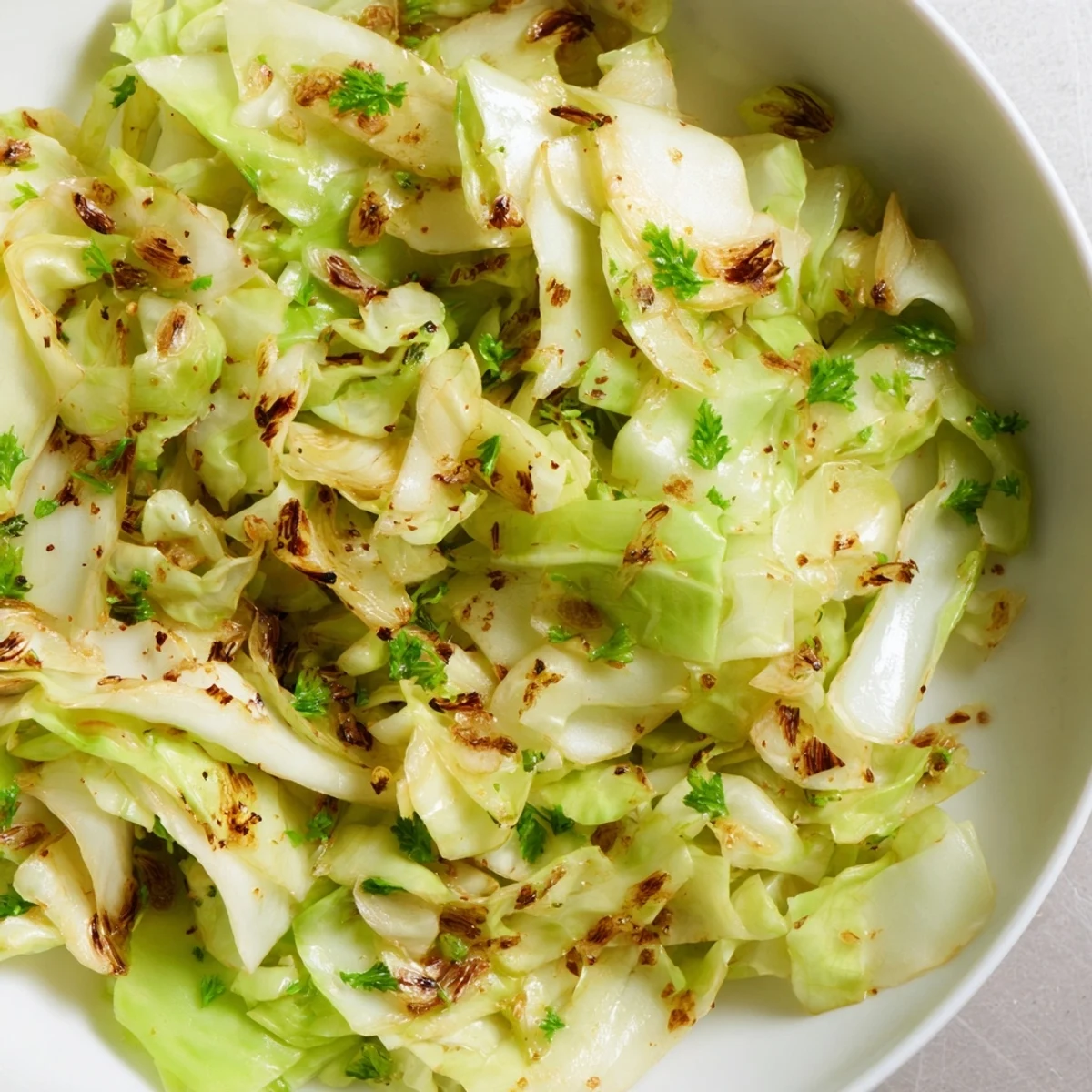 Vibrant Sautéed Cabbage With Garlic and Mediterranean Spices glistening with olive oil and spices, ideal alongside grilled Mediterranean mains.