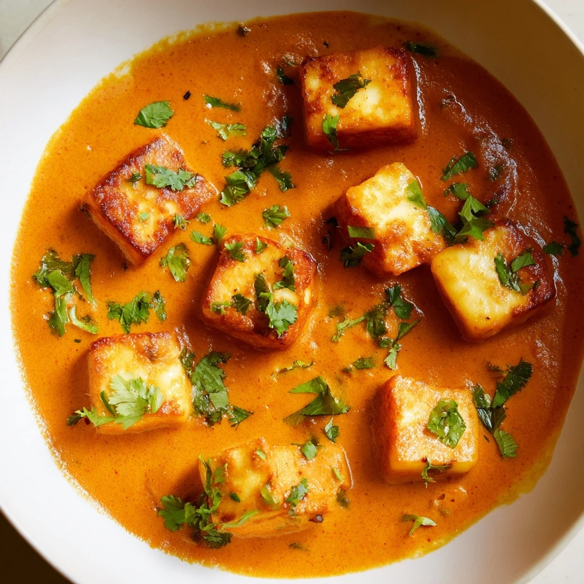 Pan-fried halloumi pieces in Creamy Halloumi and Tomato Curry, sprinkled with fresh herbs for a flavorful weeknight dinner