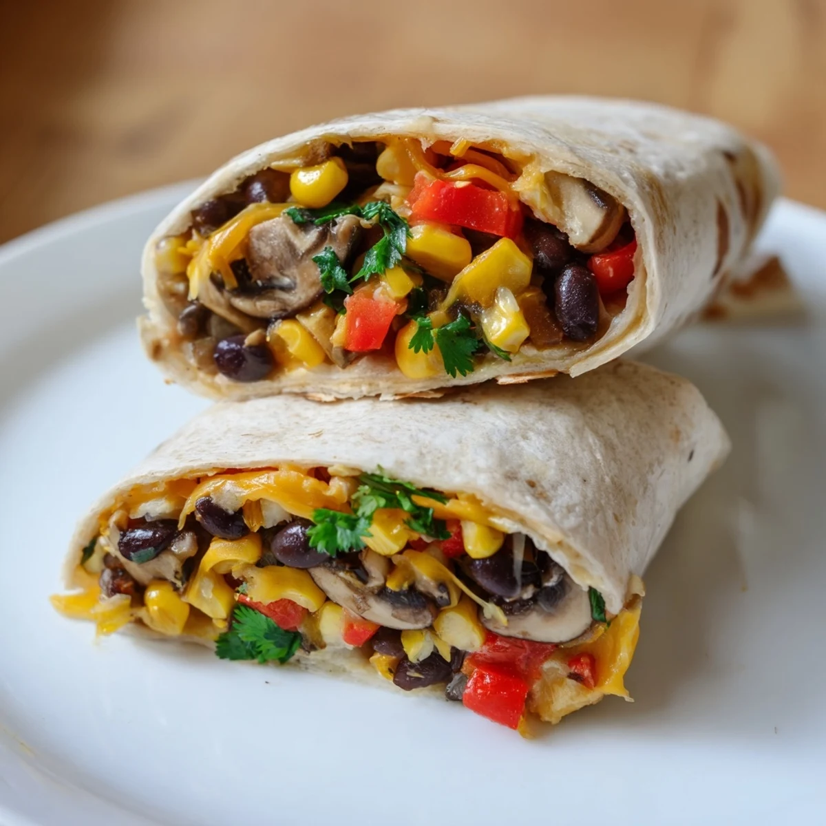 Frisch zubereitete Veggie Burritos mit goldenen Pfanni-geschmorten Champignons und cremigem Avocado-Topping.
