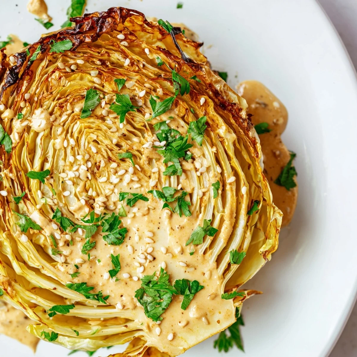 Goldene, karamellisierte Roasted Cabbage Steaks mit cremiger Tahini-Drizzle auf einem rustikalen Teller angerichtet.