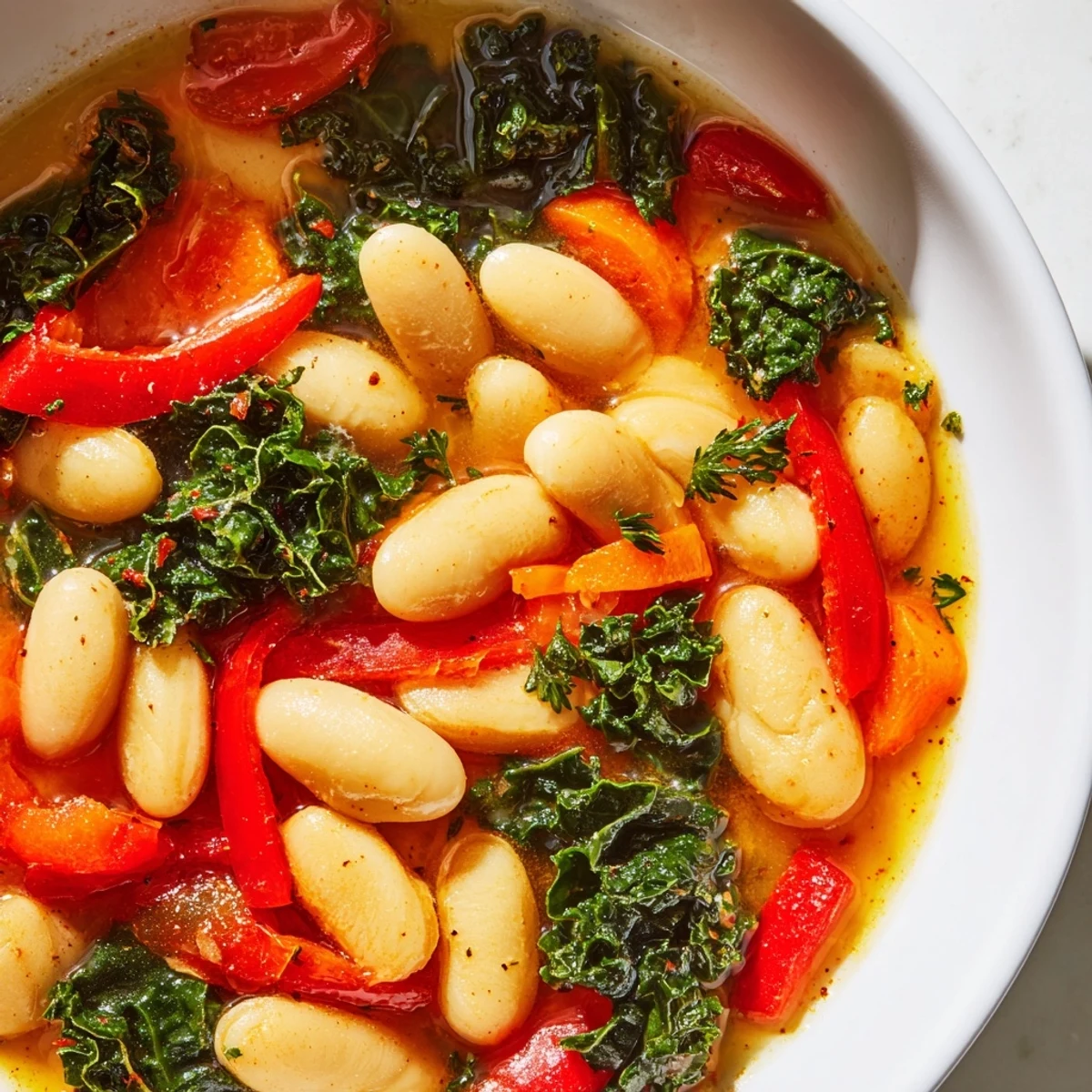 Mediterranean White Bean Stew simmering in a pot, featuring tender white beans, carrots, and kale in a rich, aromatic broth.  