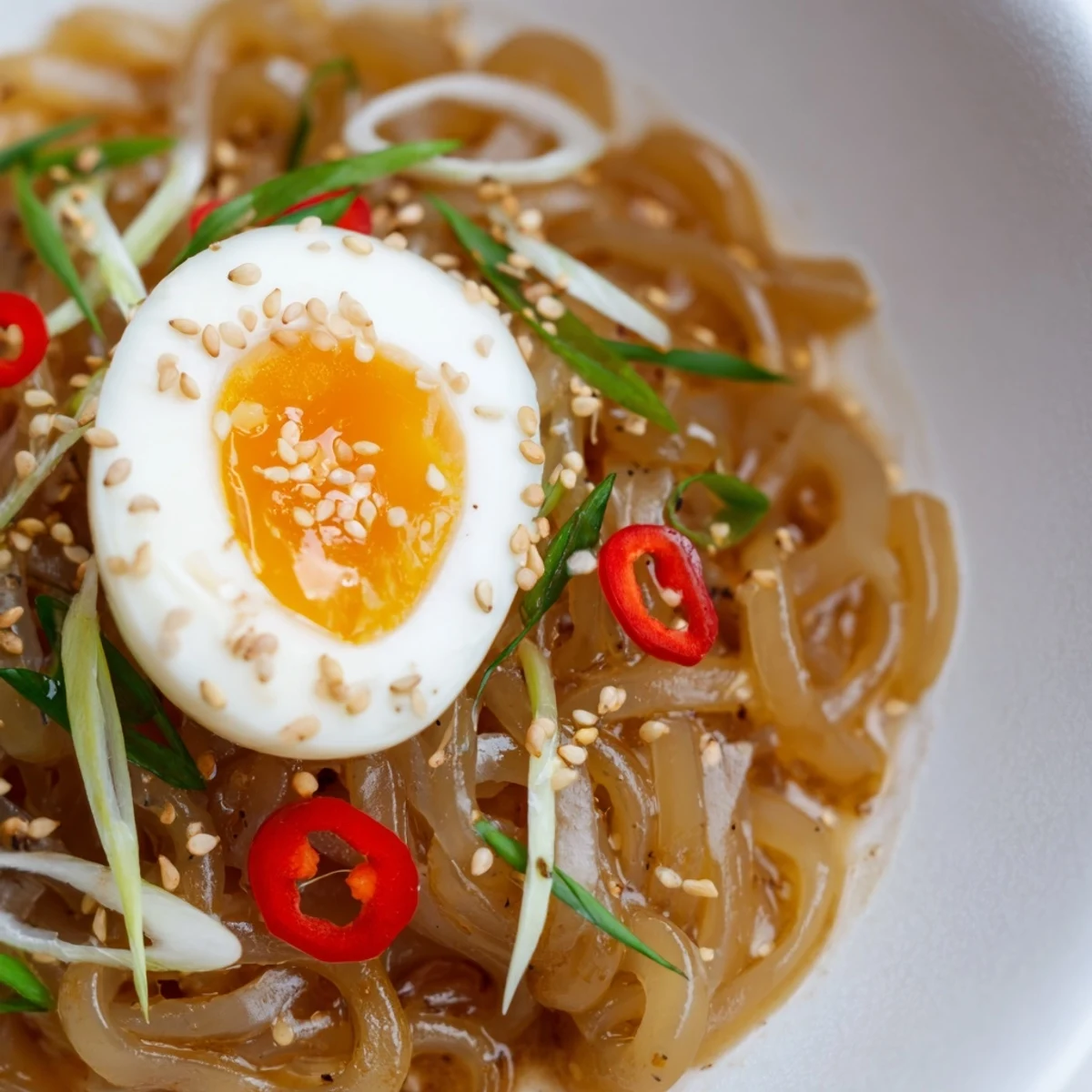 Geschmacksintensiver Eintopf aus Shirataki Nudeln und bone broth, serviert mit Kräutern und Sesam.