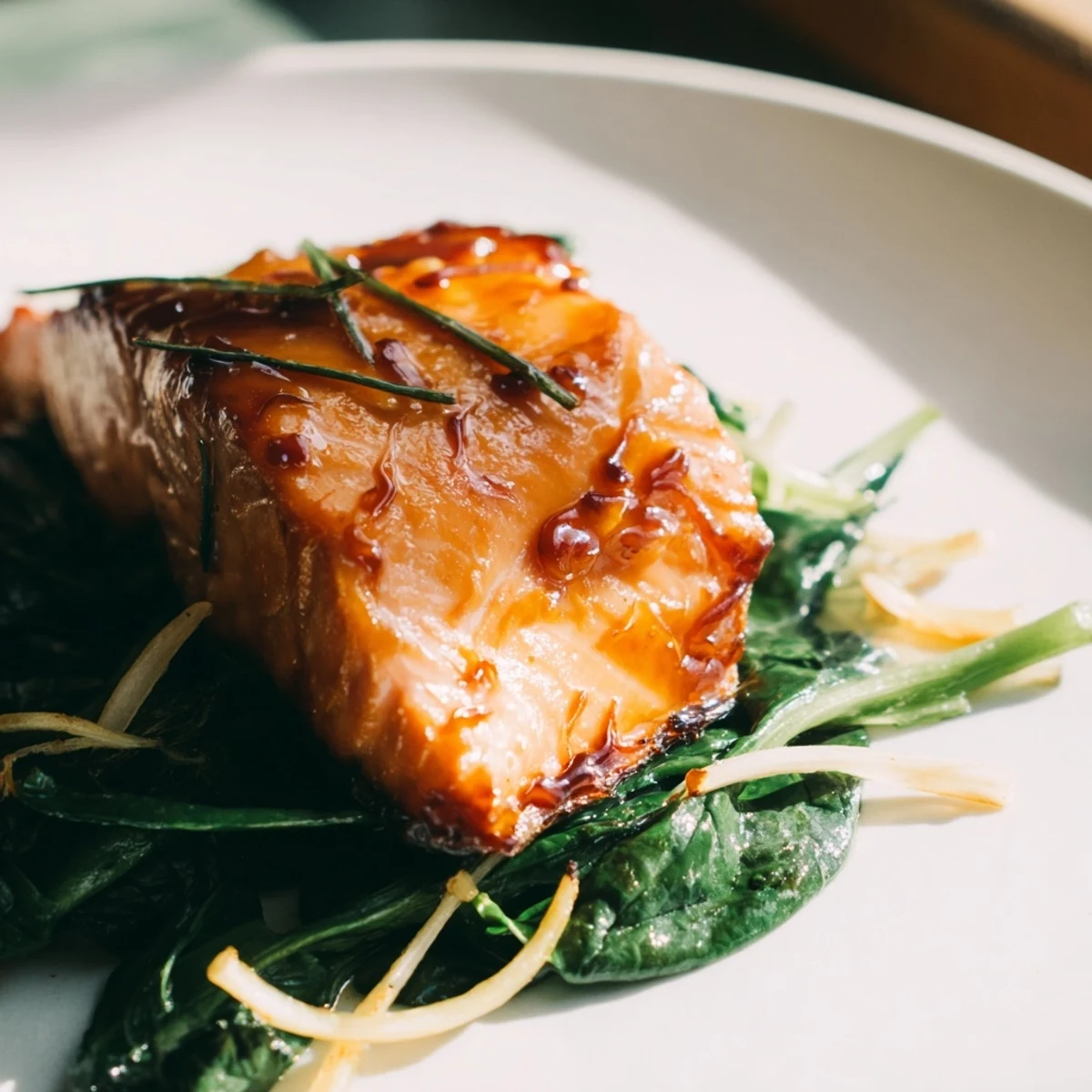 Leckeres Miso Salmon on Sautéed Spinach mit zarter Lachsfilets und dunkelgrünem Spinat auf einer Tafel.