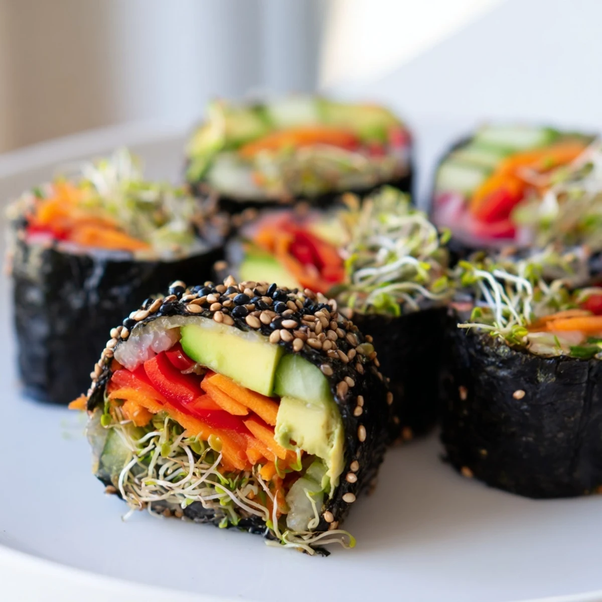 Frische Nori Rolls mit knackigem Gurke und cremigem Avocado auf einem rustikalen Holztisch.