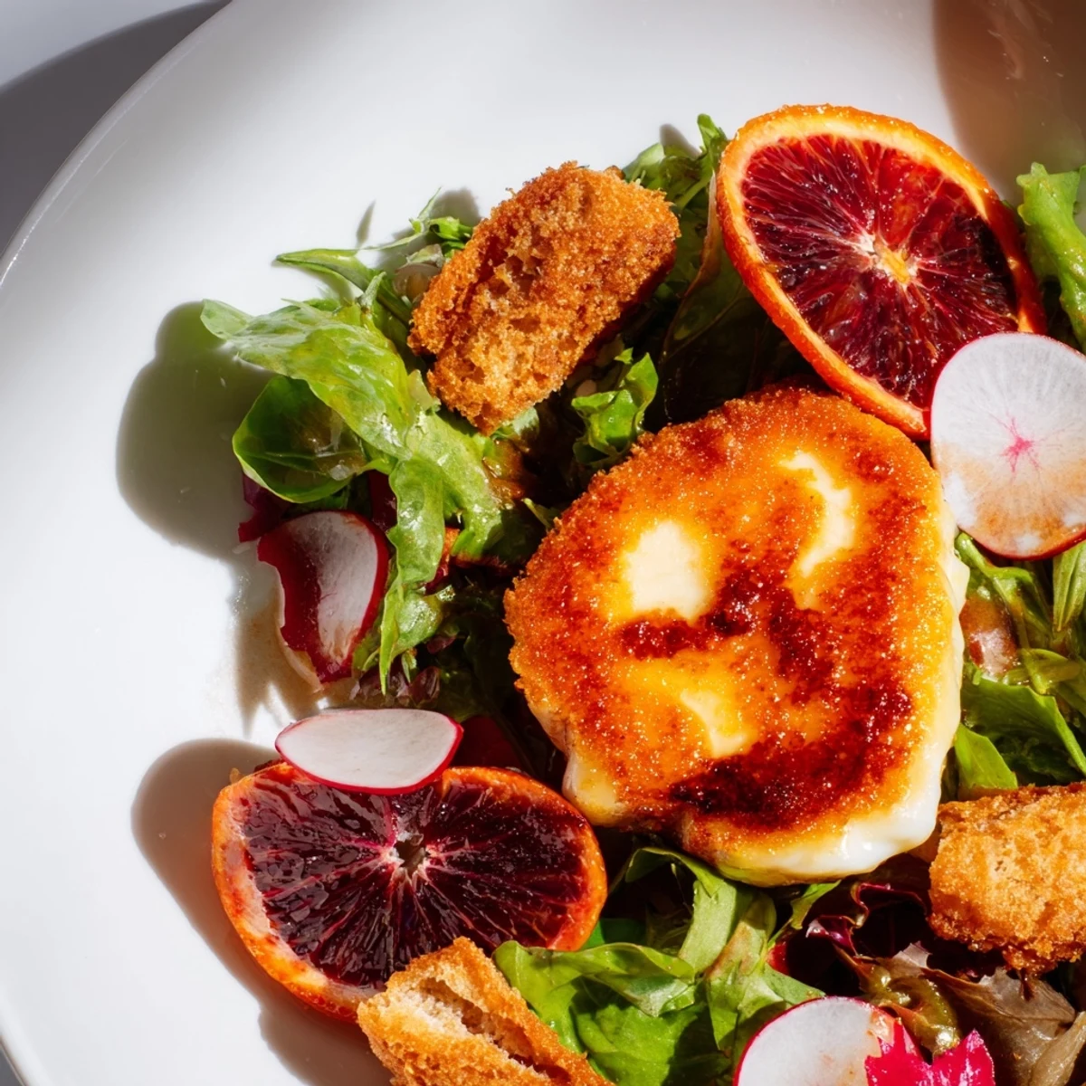 Halloumi Blood Orange Fattoush salad with golden fried cheese and vibrant citrus slices on fresh greens.  
