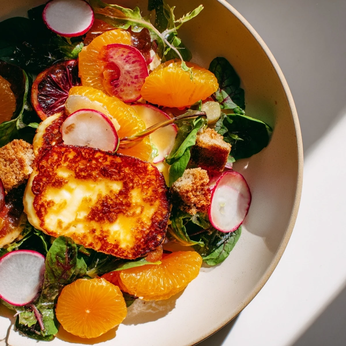A close-up of Halloumi Blood Orange Fattoush showing warm halloumi and crisp sourdough croutons.  