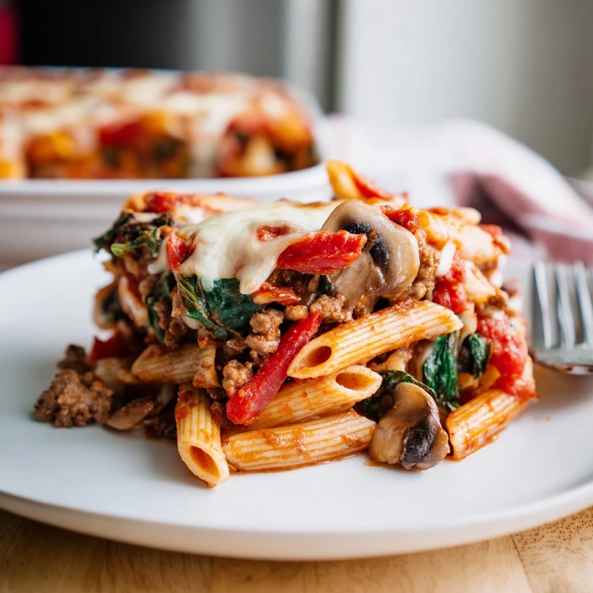 Gemütliche Portion der High Protein Italian Beef and Pasta Bake mit Tomatensauce, Nudeln und Käse für US-Familien.