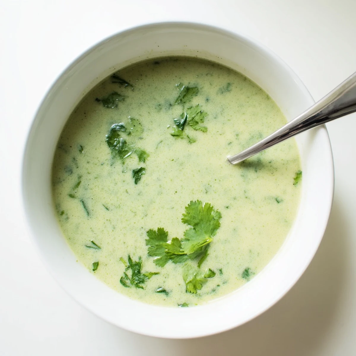 Warm bowl of vegan spinach coriander lemongrass soup served with crusty bread.