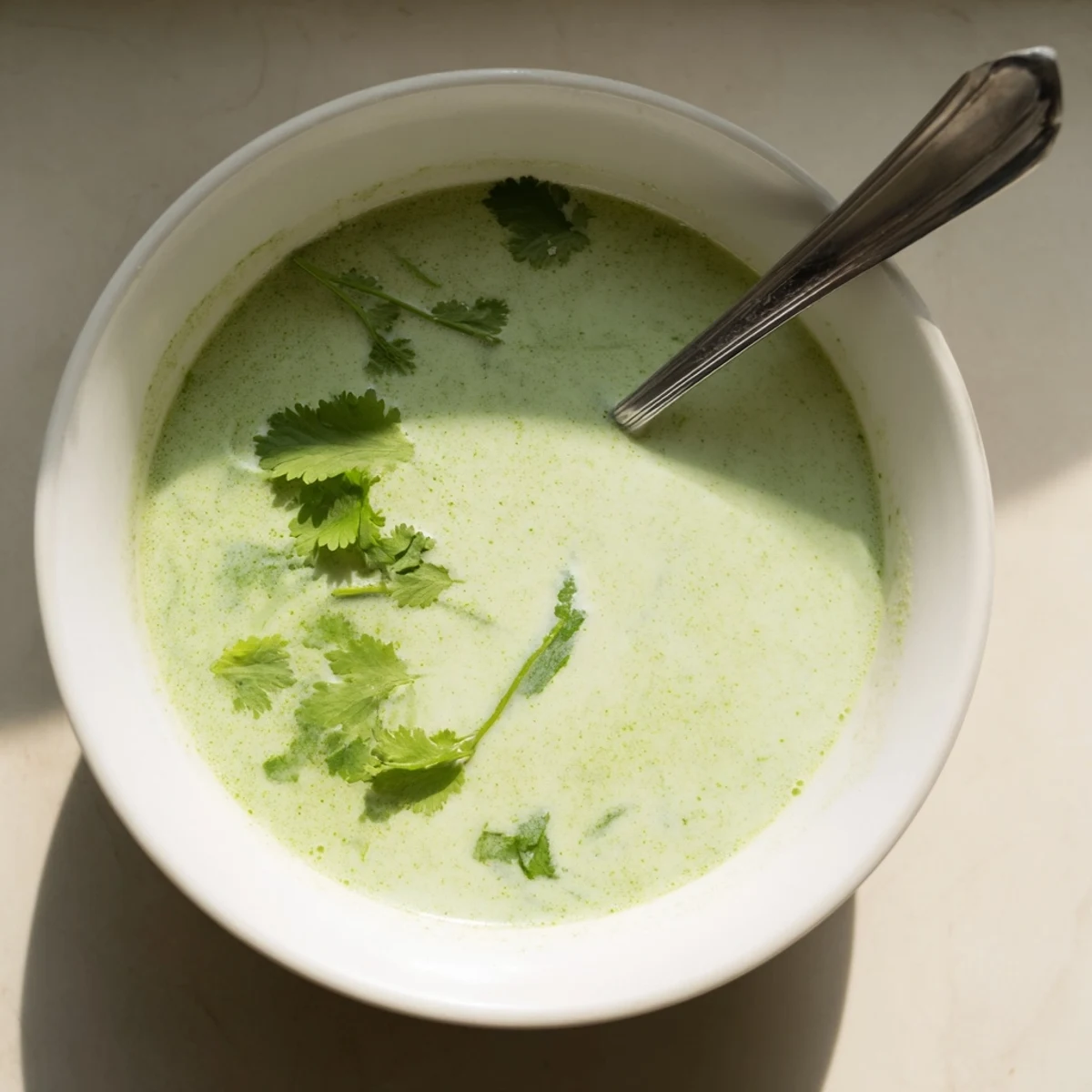 Vibrant green spinach coriander lemongrass soup in a white bowl, steam rising.