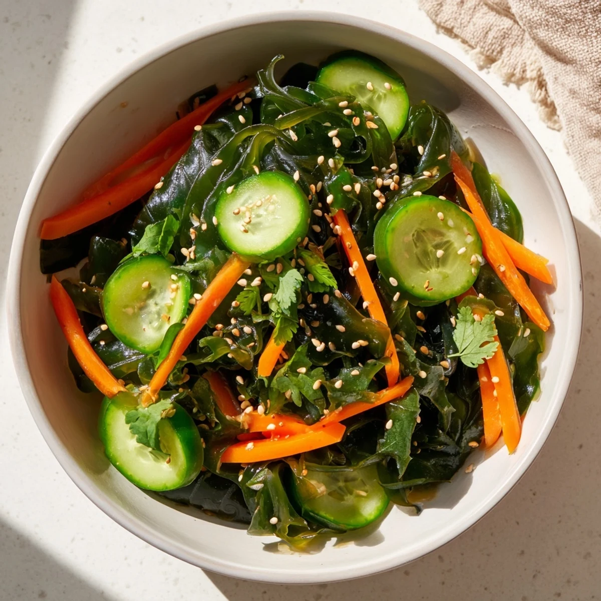 Farbenfroher Seaweed Salad aus Japan mit Sesam und frischem Koriander serviert.