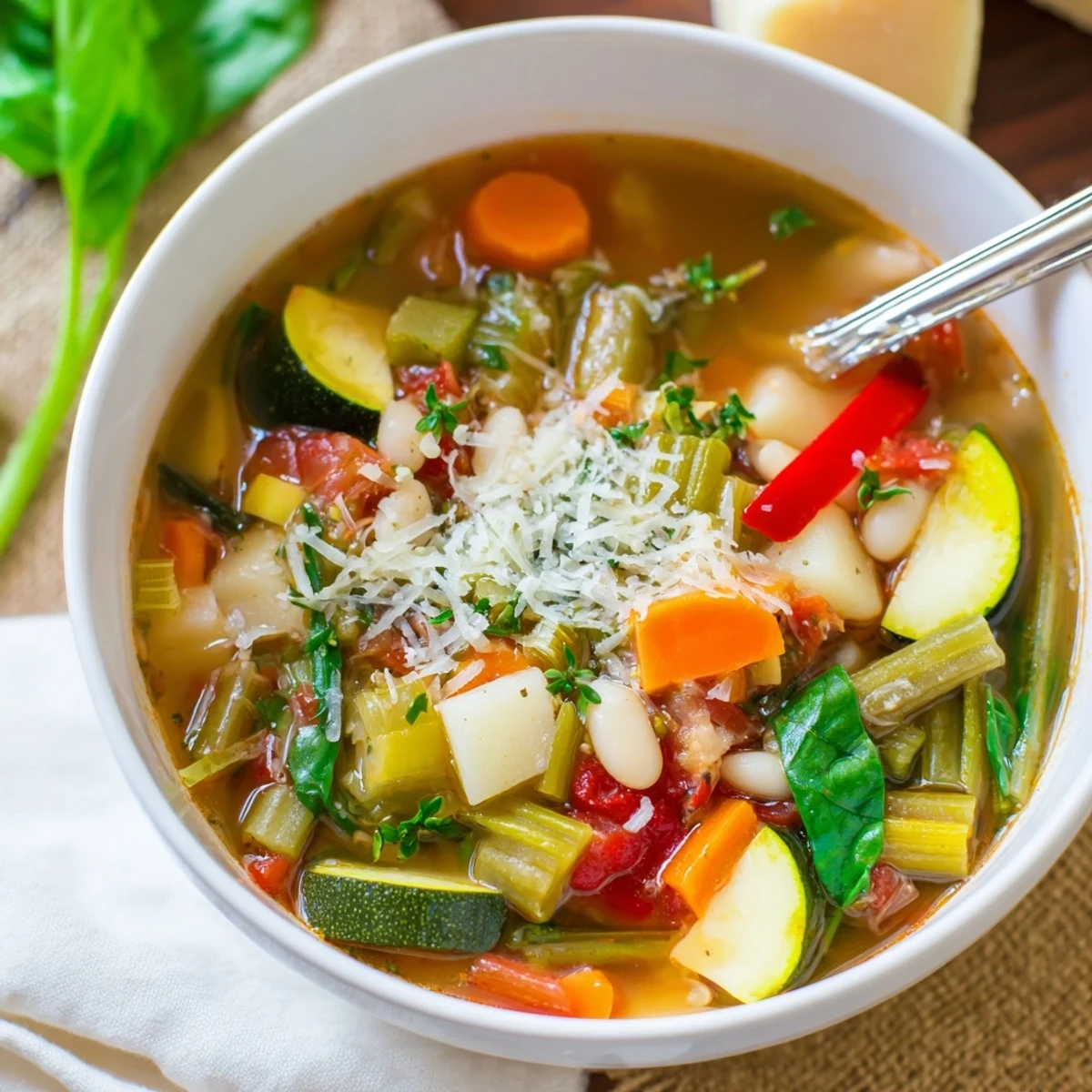 A vibrant bowl of Italian Herb Vegetable Soup, filled with colorful Mediterranean vegetables and fresh parsley garnish.  