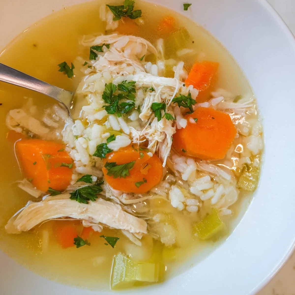 Topf voller heißer Cozy Winter Chicken and Rice Soup mit zartem Hähnchen, fluffigem Reis und buntem Gemüse.