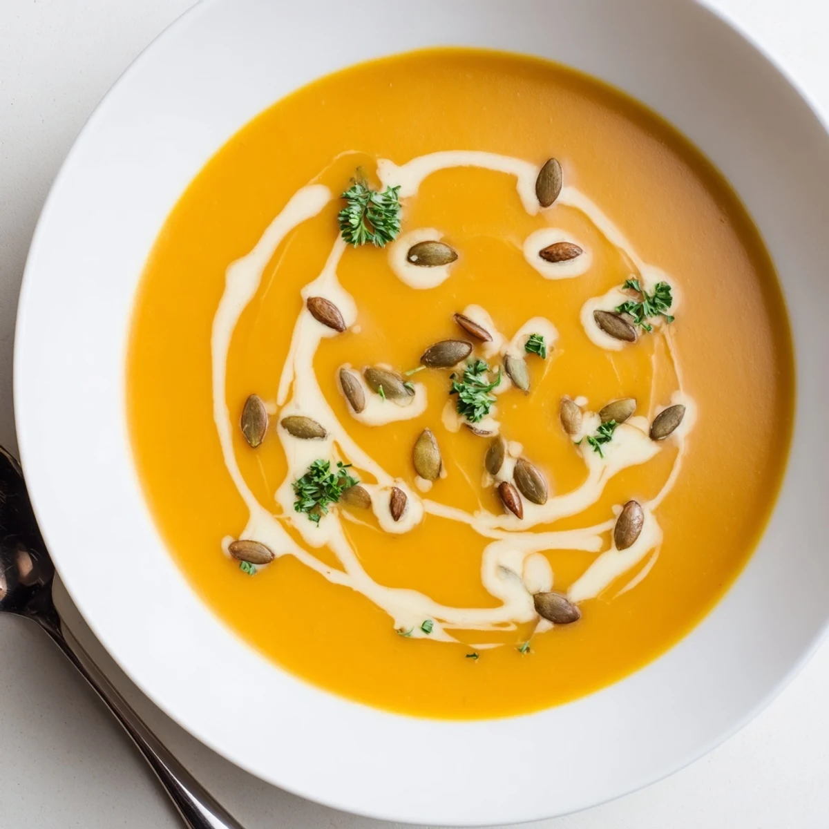Ein dampfender Topf mit cremiger Pumpkin Soup, garniert mit Kürbiskernen und frischen Kräutern.