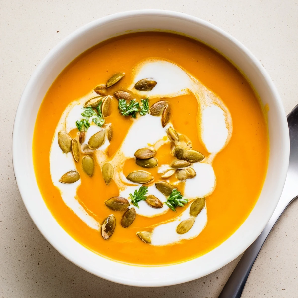 Köstliche Pumpkin Soup in einer Holzschüssel, serviert mit knusprigem Brot und Gewürzen.