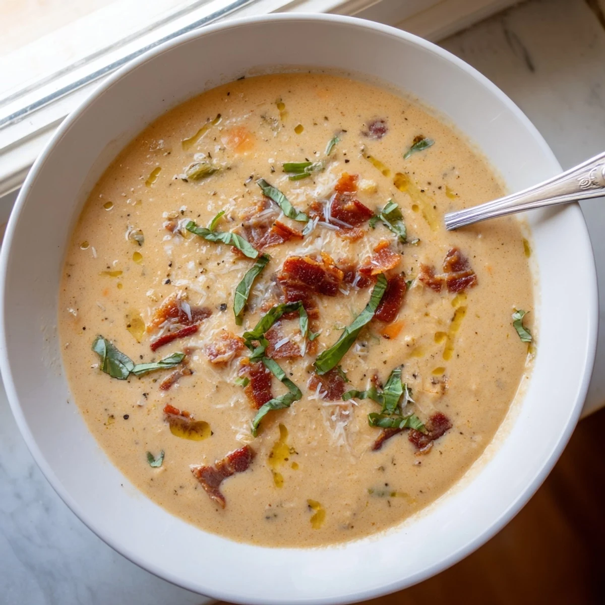 Cremige Tuscan White Bean Soup in einer Schüssel mit gerösteter Pancetta und frischen Basilikumblättern.