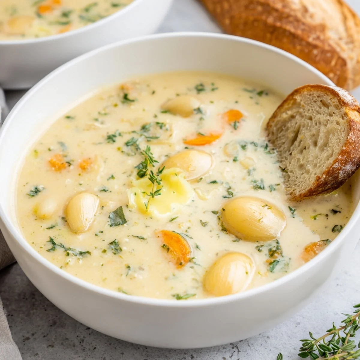 Bildbeschreibung: Goldbraune, cremige Roasted Garlic and Herb Soup in einer weißen Schüssel, garniert mit frischen Kräutern und einer Scheibe knusprigem Brot.